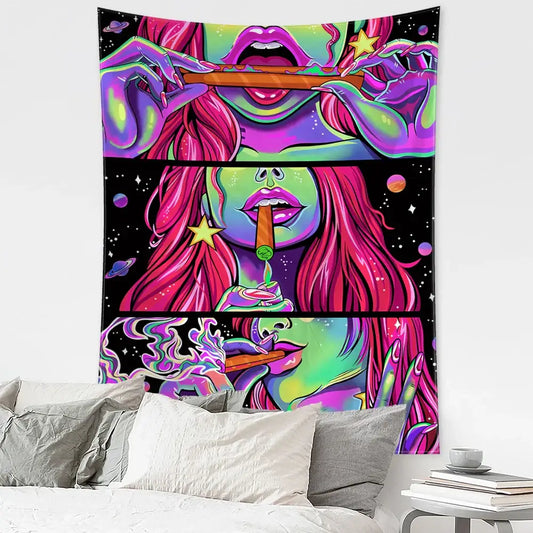 Vibrant psychedelic green star girl tapestry featuring a stylized woman with pink hair for bedroom wall decor