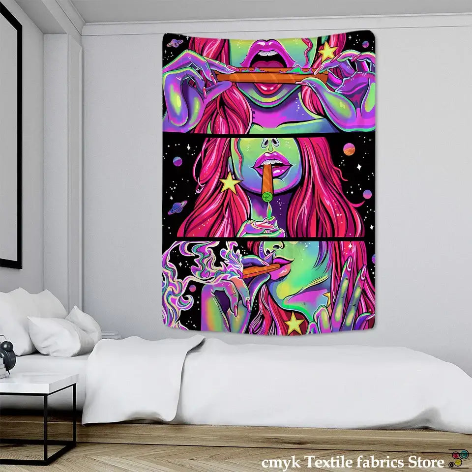 Vibrant psychedelic tapestry featuring green star girl with pink hair and neon greens for bedroom wall decor