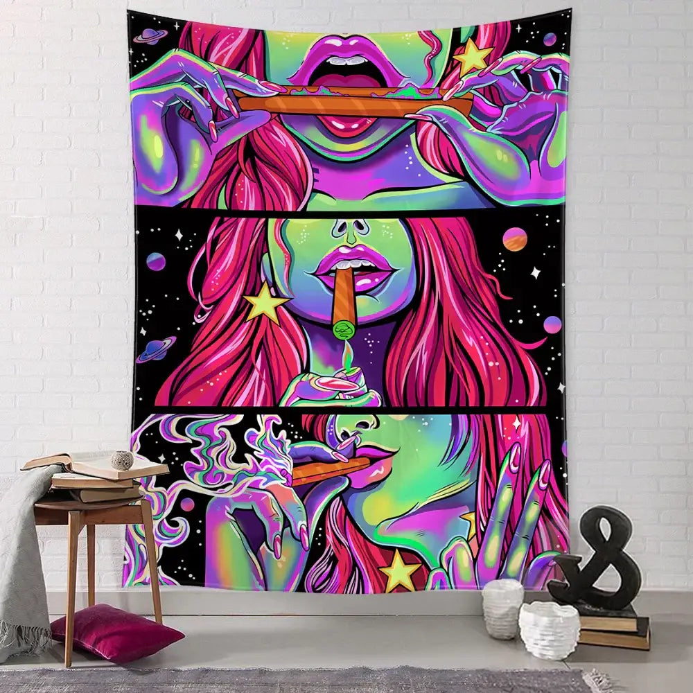Vibrant psychedelic tapestry featuring a green star girl with pink hair against a cosmic star and planet backdrop