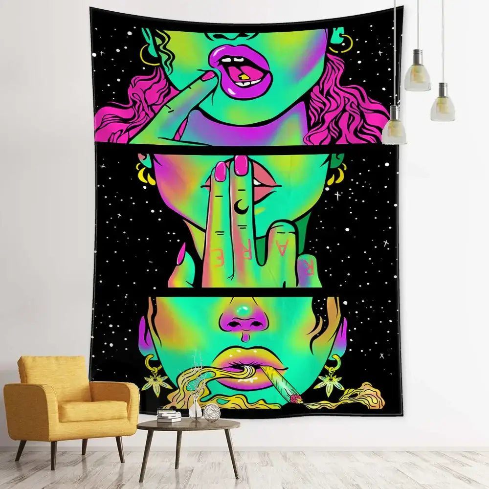 Vibrant neon green star girl tapestry with psychedelic faces and cosmic backgrounds for bedroom wall decor