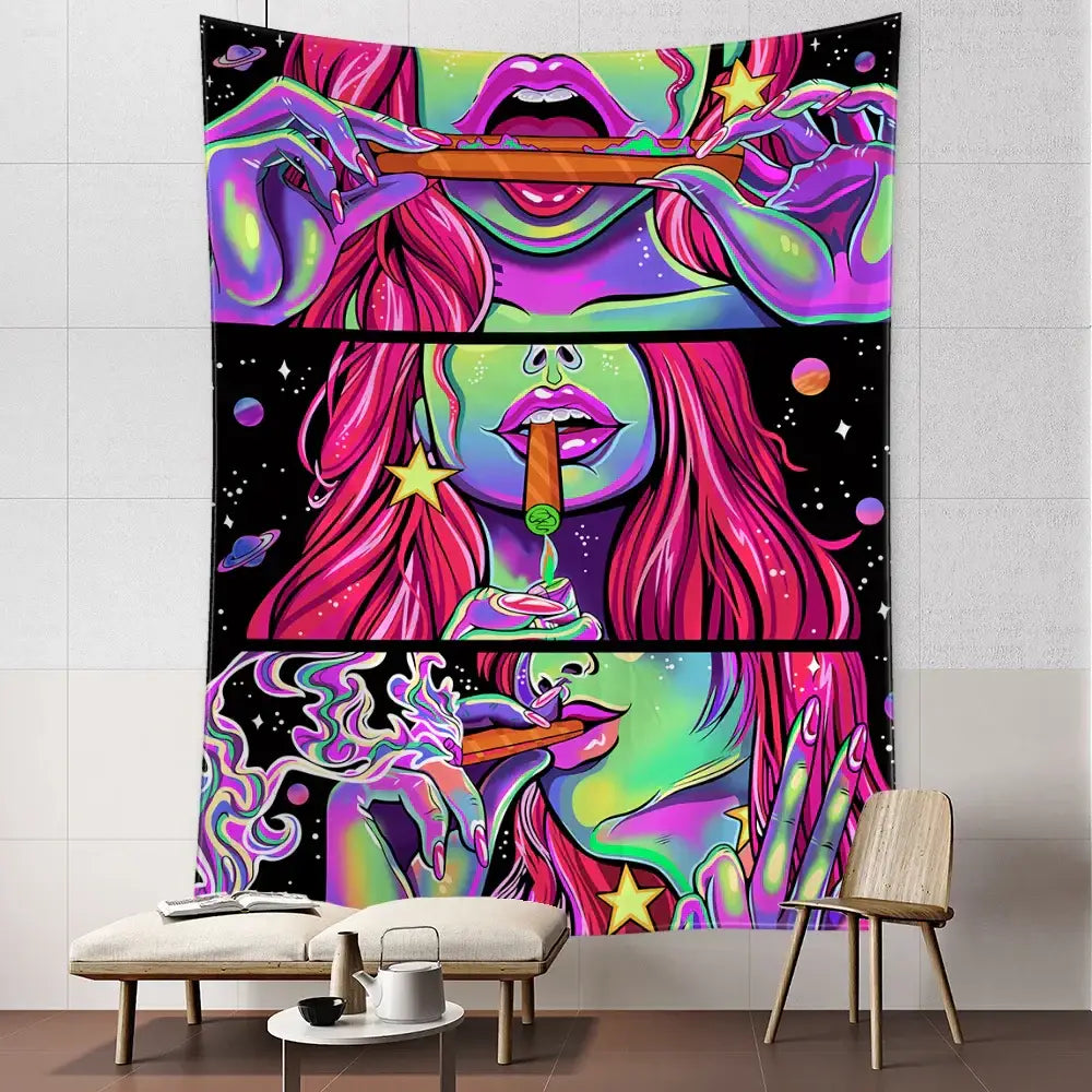 Psychedelic green star girl tapestry featuring three neon pink star girls with cosmic purple and magenta backgrounds for wall decor