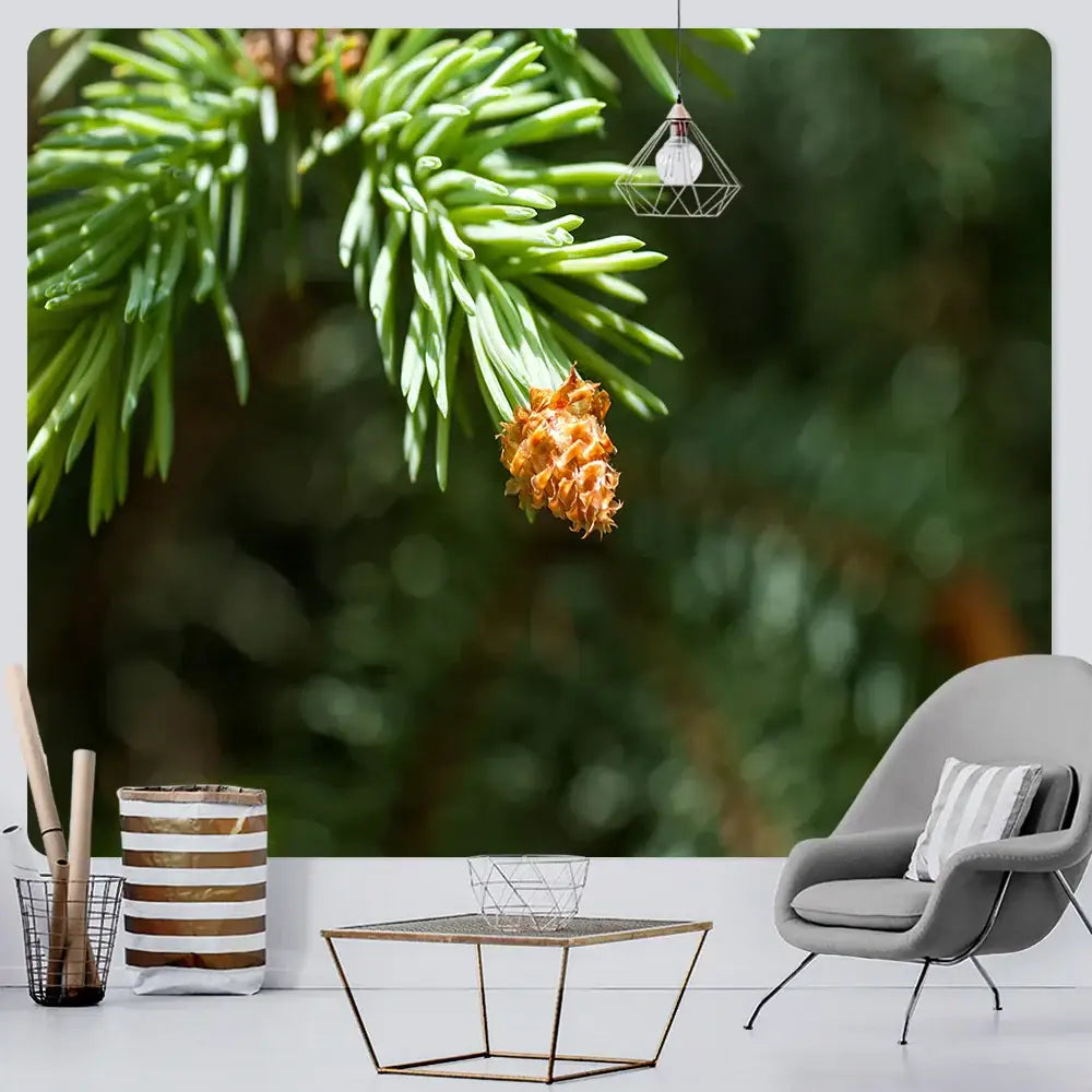 A geometric wireframe pendant light with a clear bulb complements decorbites forest view tapestry bedroom wall decor