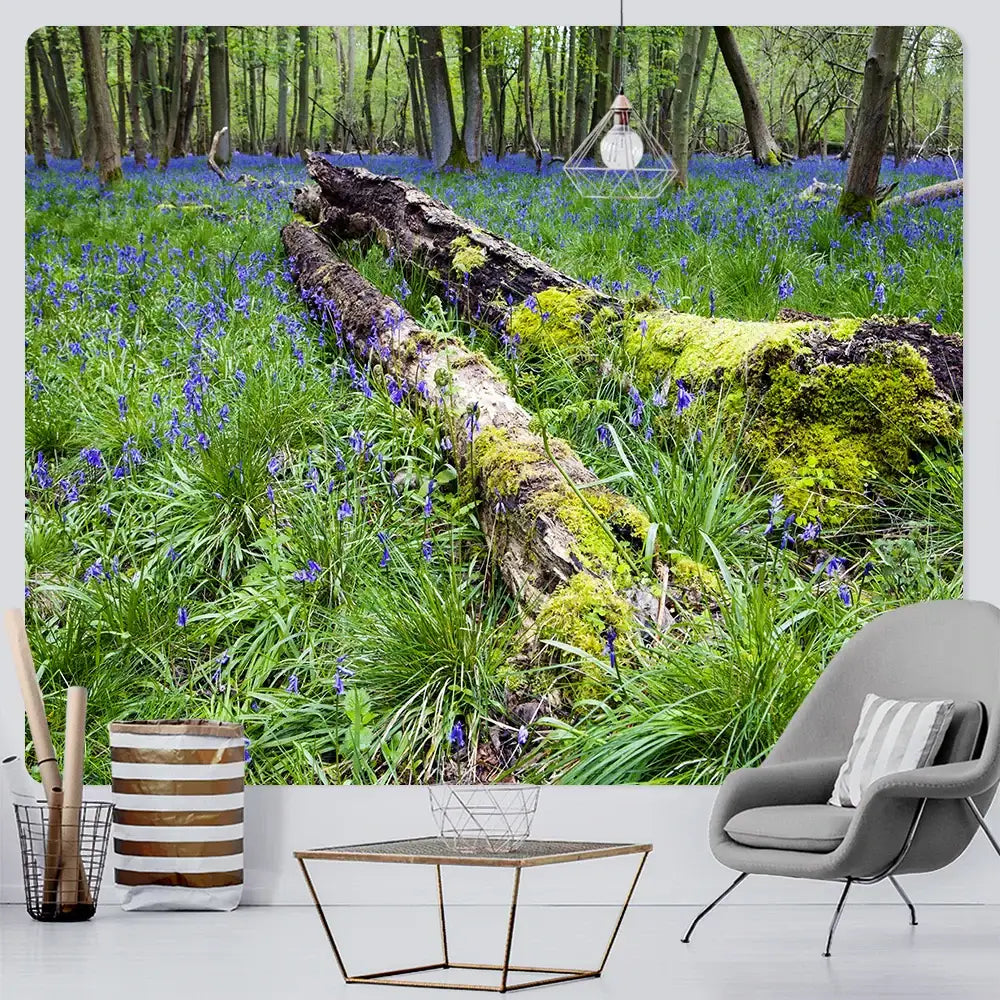 Psychedelic moss green forest view tapestry with moss covered log and bluebells for decorbites forest view wall decor