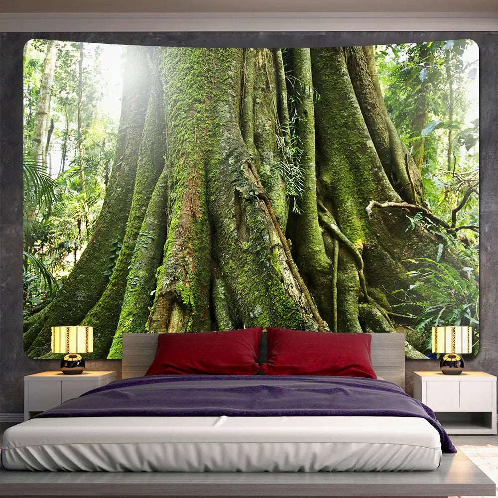 Psychedelic moss green forest view tapestry featuring moss-covered trunks and lush foliage for decorbites forest view decor