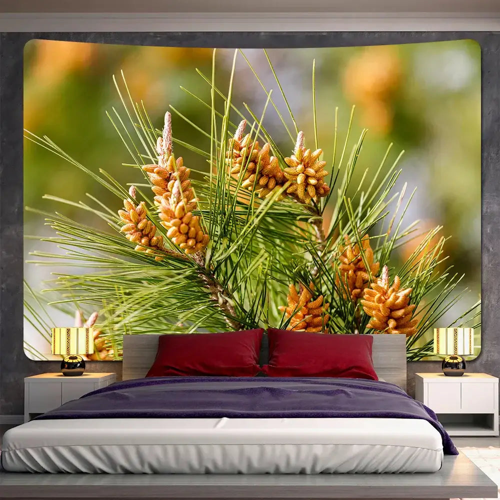 A vibrant decorbites forest view tapestry with detailed green pine needles and golden-brown cones framed by a dark border