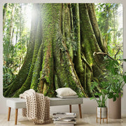 Psychedelic moss green forest view tapestry featuring moss covered jungle tree bark for decorbites forest view decor