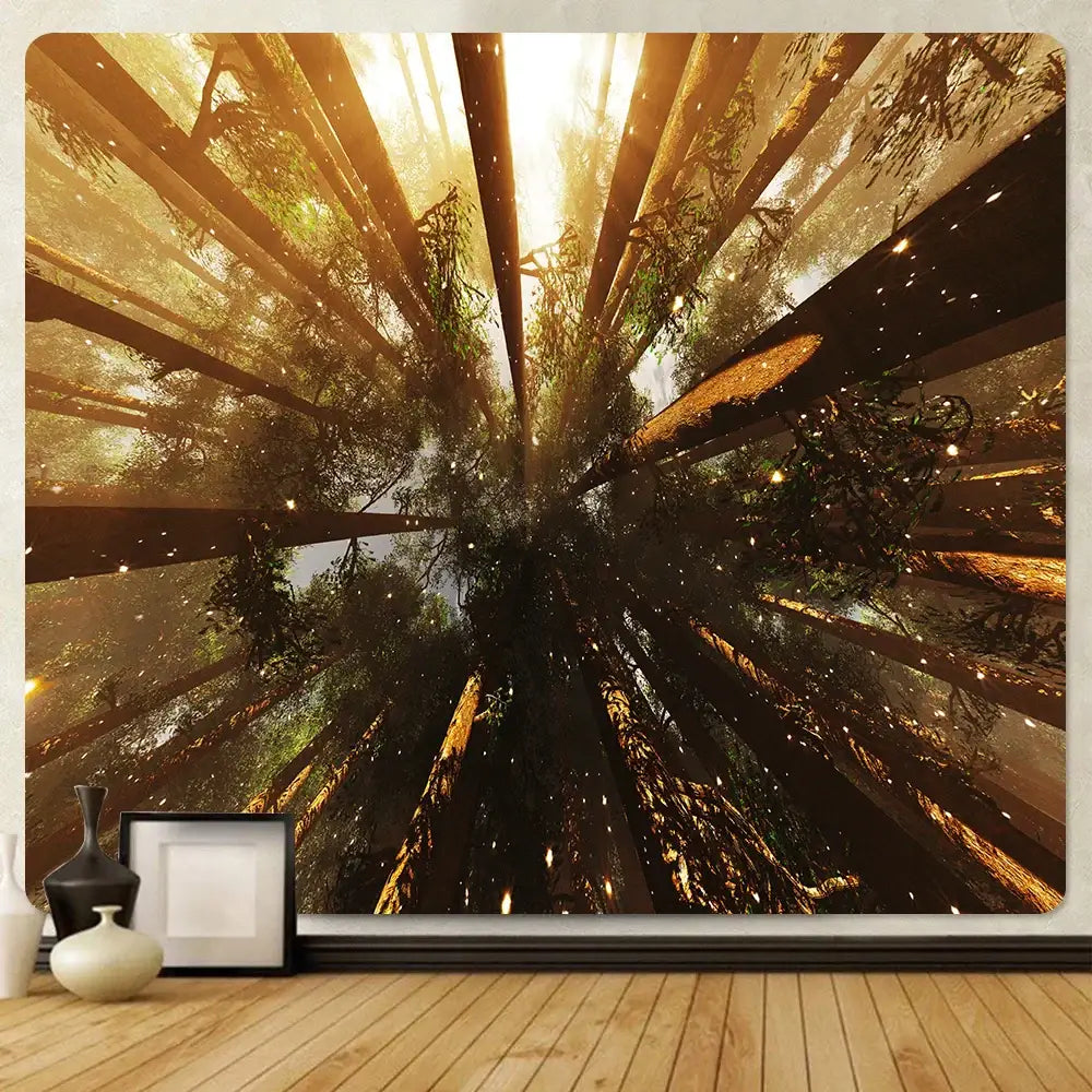 Psychedelic moss green forest view tapestry with golden sunlight and glowing particles for decorbites forest view wall decor