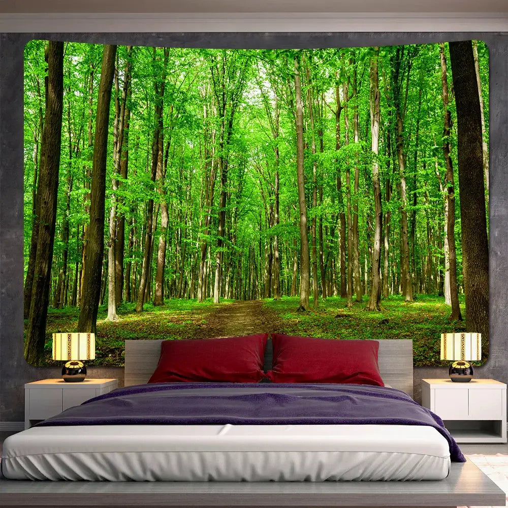 Vibrant green decorbites forest view tapestry hanging above a bed showcasing a psychedelic moss green forest scene