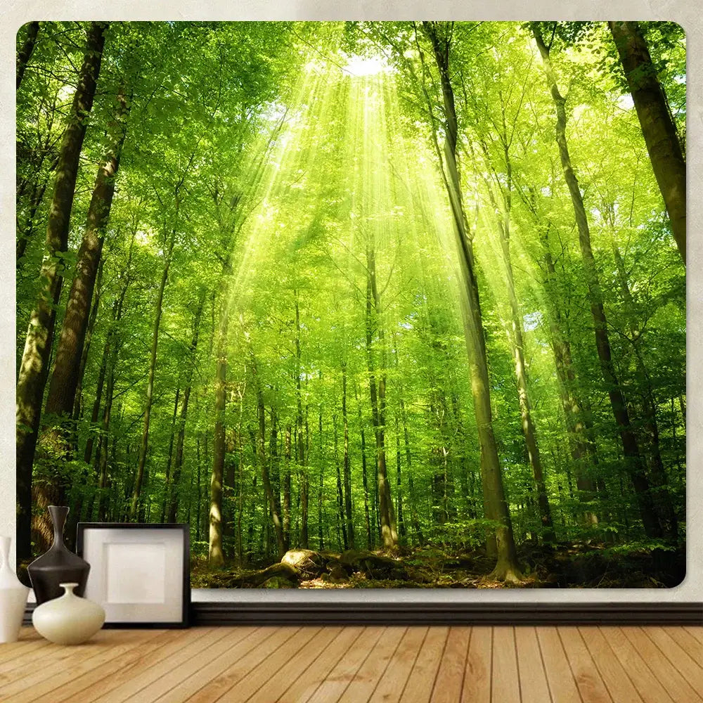 Psychedelic moss green forest view tapestry with sunbeams filtering through tall trees for bedroom wall decorbites forest view