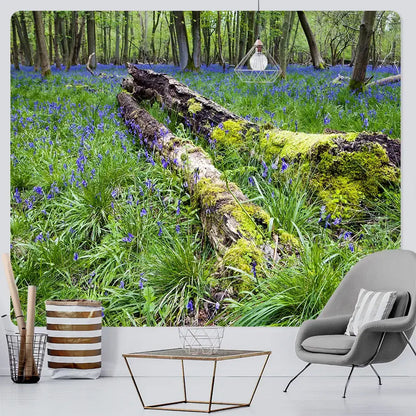 Psychedelic moss green forest view tapestry featuring a vibrant moss-covered log and bluebells for decorbites forest view decor