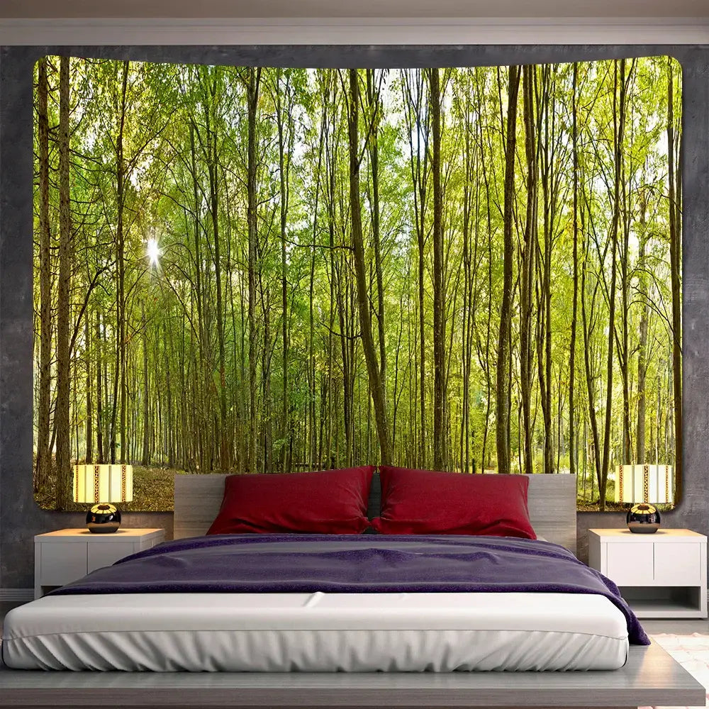 A vibrant green decorbites forest view tapestry with sunlight filtering through tall trees hanging as bedroom wall decor