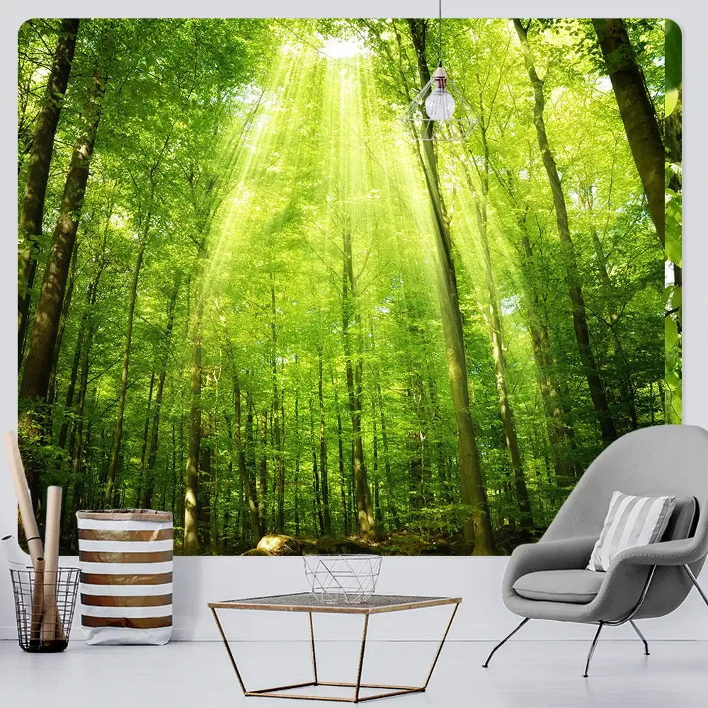 Gray modern armchair with striped pillow complemented by decorbites forest view psychedelic moss green tapestry wall decor