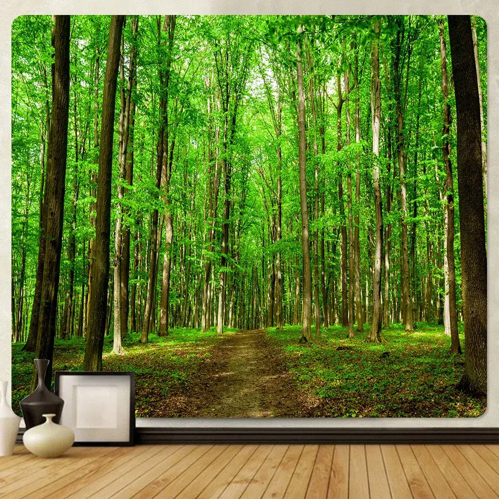 Lush green forest view tapestry hanging on a wall featuring psychedelic moss green decorbites forest view design