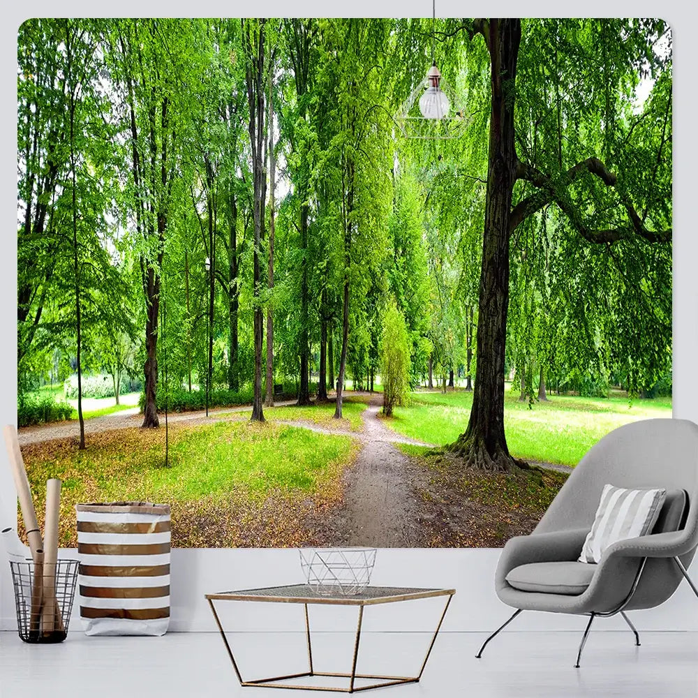 Psychedelic moss green forest view tapestry featuring lush trees and a winding path for decorbites forest view decor