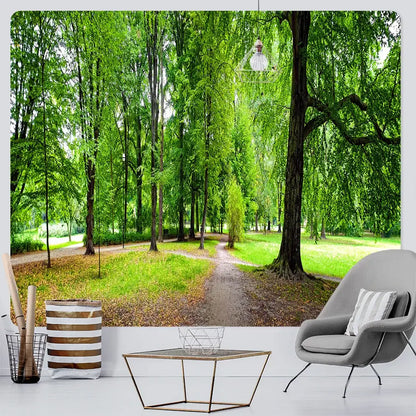 Psychedelic moss green forest view tapestry featuring lush trees and a winding path for decorbites forest view decor