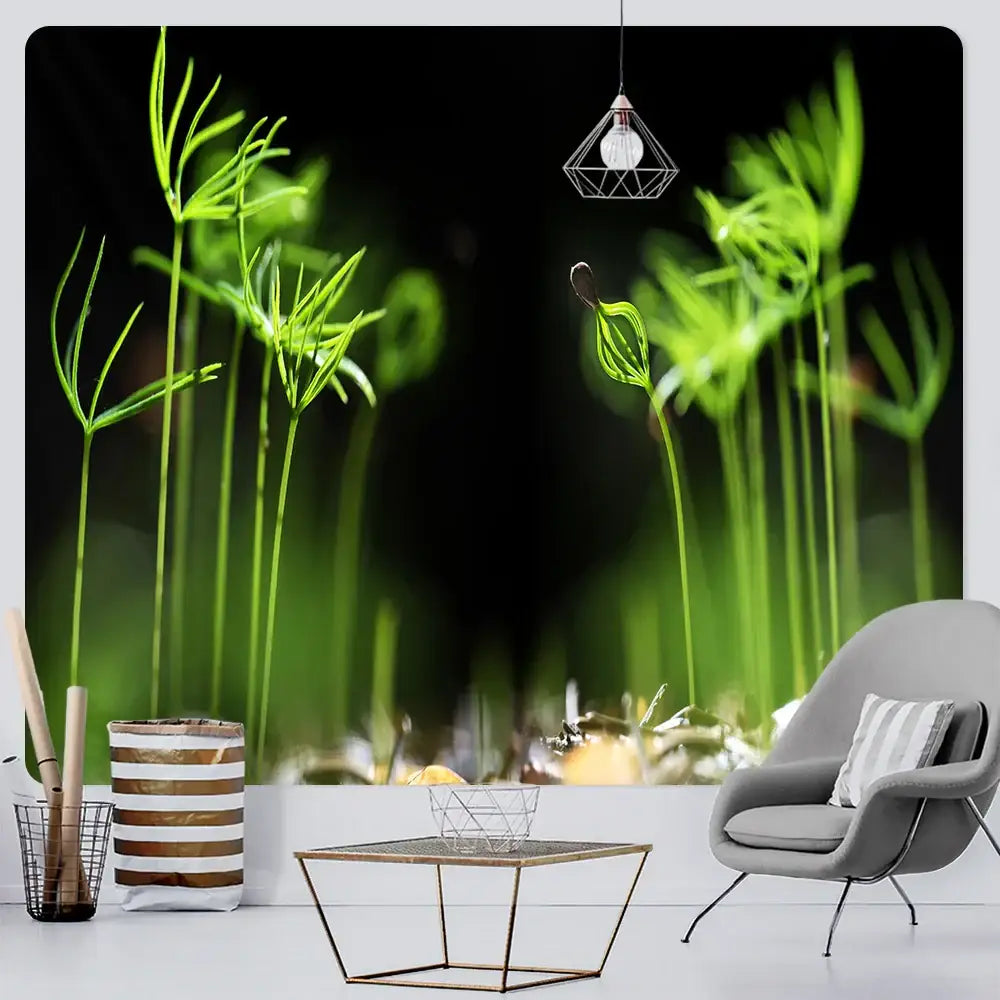 A modern gray armchair with curved design and metal legs complements the decorbites forest view tapestry wall decor