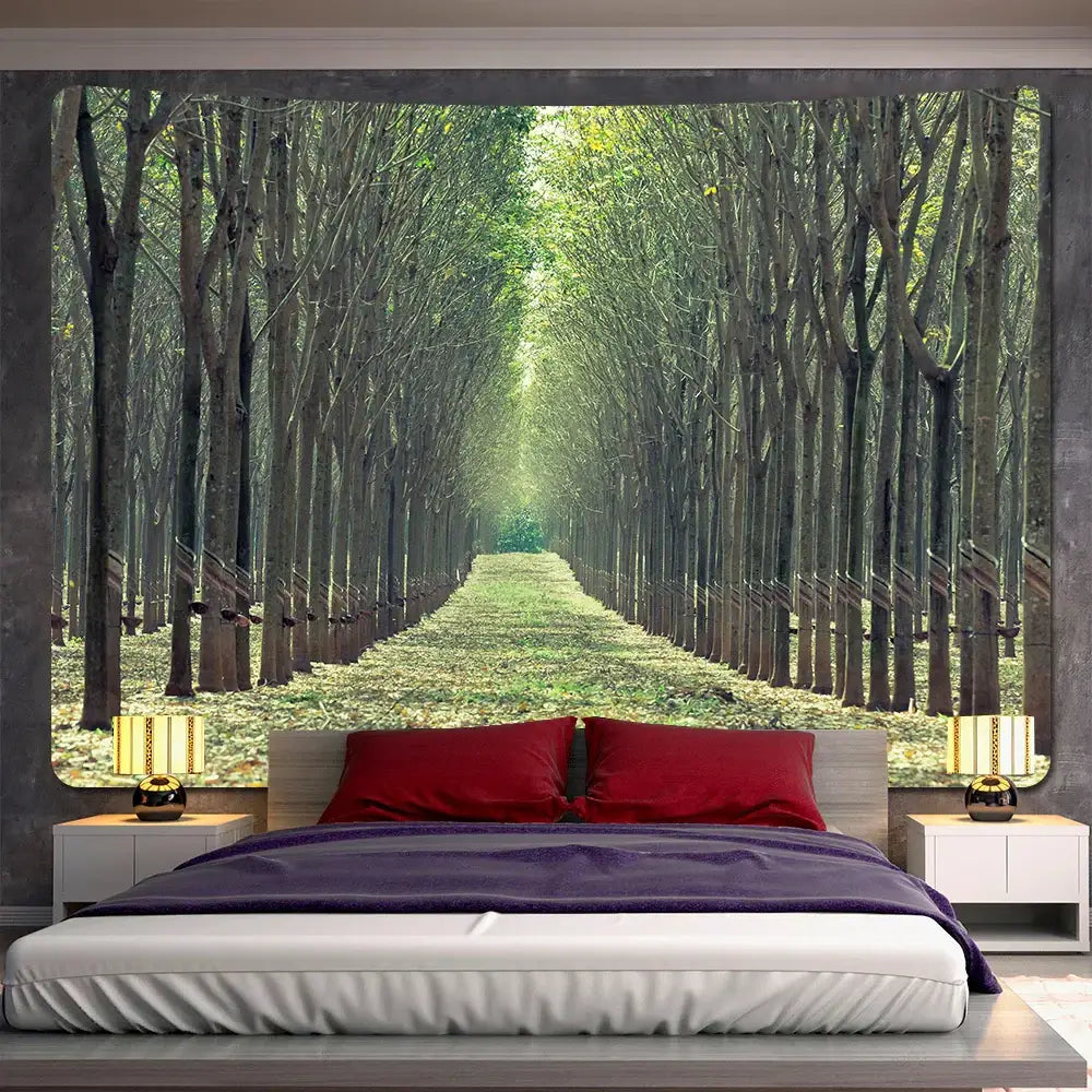 Psychedelic moss green forest view tapestry with tall trees and sunlit path for decorbites forest view wall decor