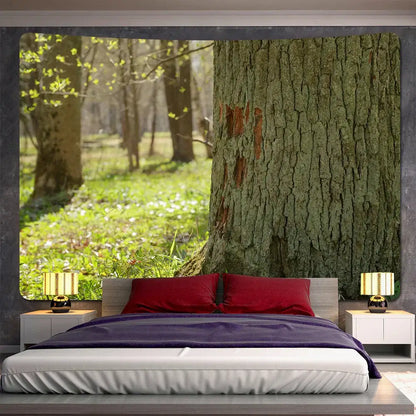 Psychedelic moss green forest view tapestry featuring a textured tree trunk with mossy bark decorbites forest view decorbites forest