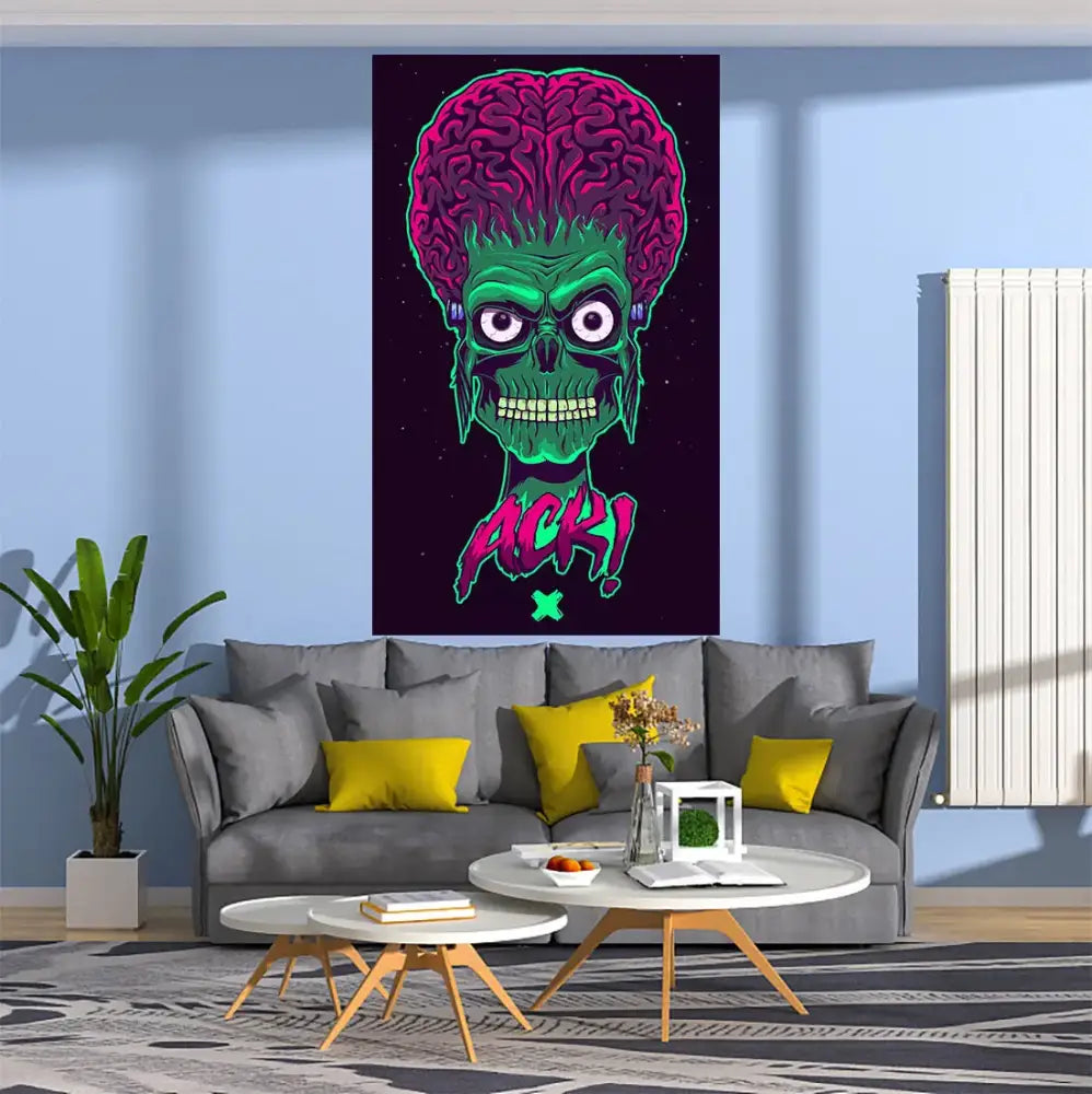 Psychedelic multicolored horror popping art tapestry with neon-green skull and magenta brain hair for decorbites horror popping