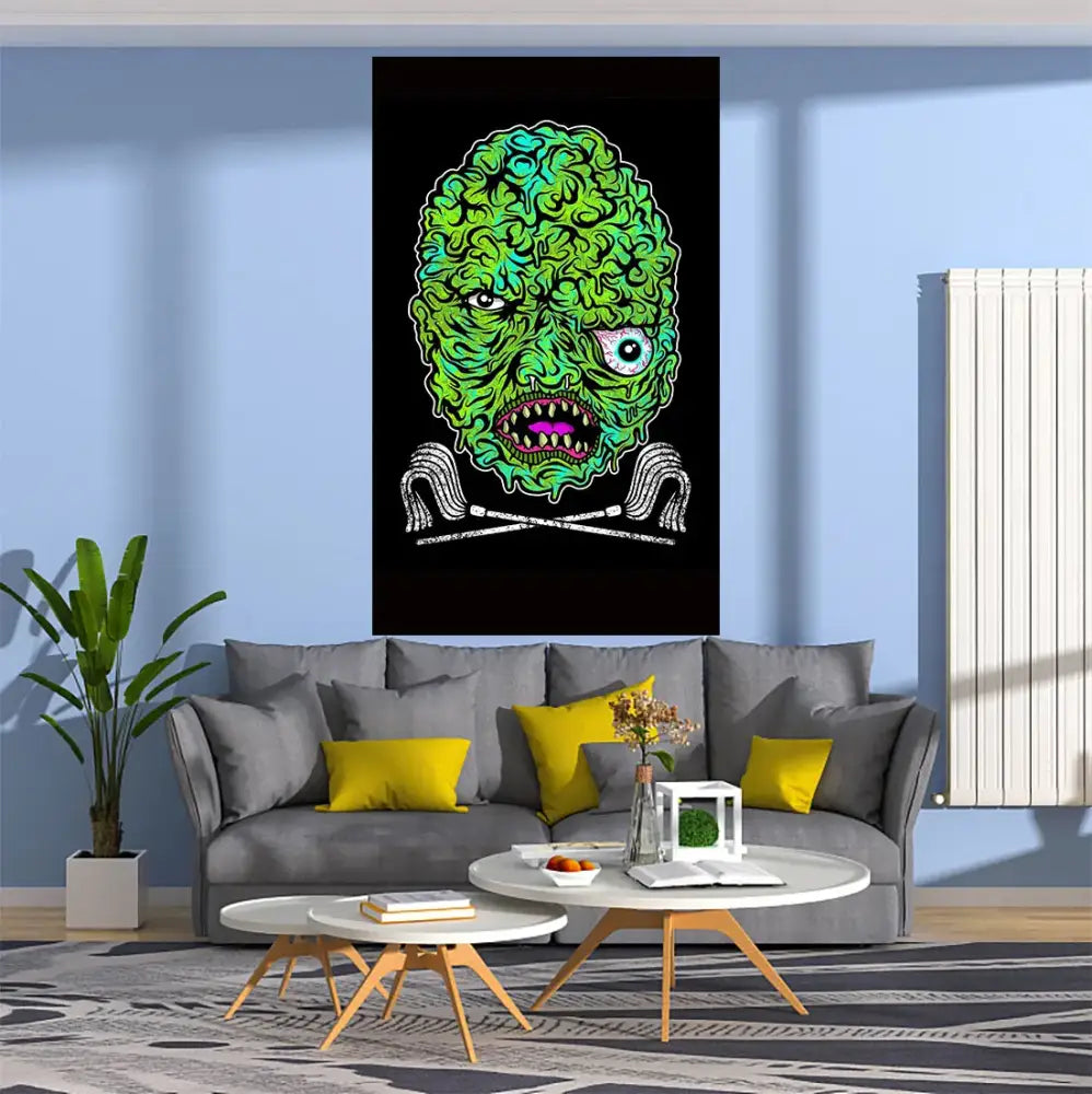 A vibrant green stylized zombie head horror popping art tapestry with glowing eye and crossed bones for decorbites decorbites horror popping