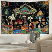 Psychedelic mushroom forest tapestry featuring colorful eyes and intricate patterns on black background for bedroom decorbites colorful eyes