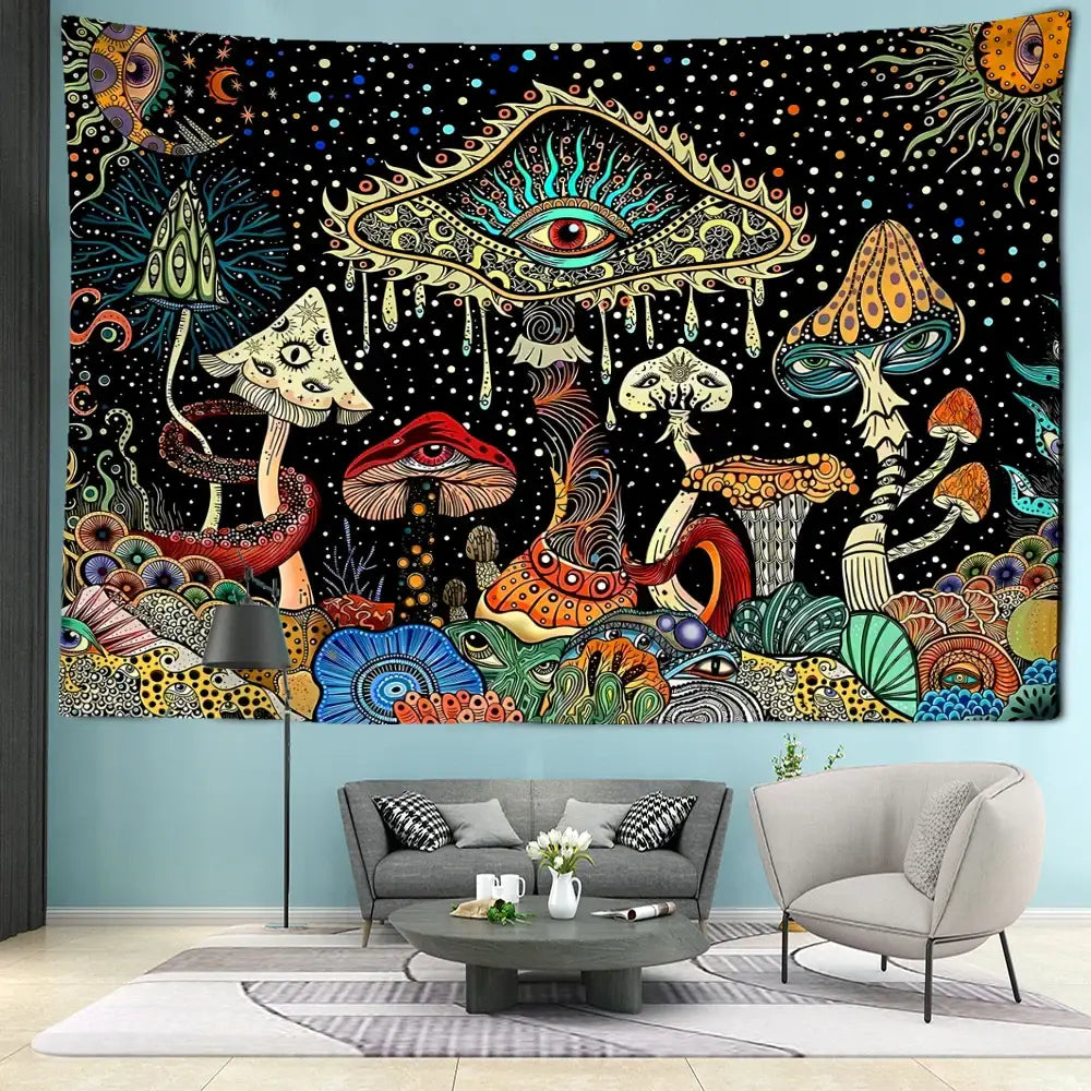 Psychedelic mushroom forest tapestry with colorful eyes and intricate patterns on black background for bedroom decorbites colorful eyes