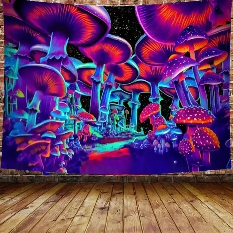 Psychedelic neon illusory mushroom art tapestry featuring vibrant purple red and blue fungi for bedroom wall hanging decorbites illusory mushroom