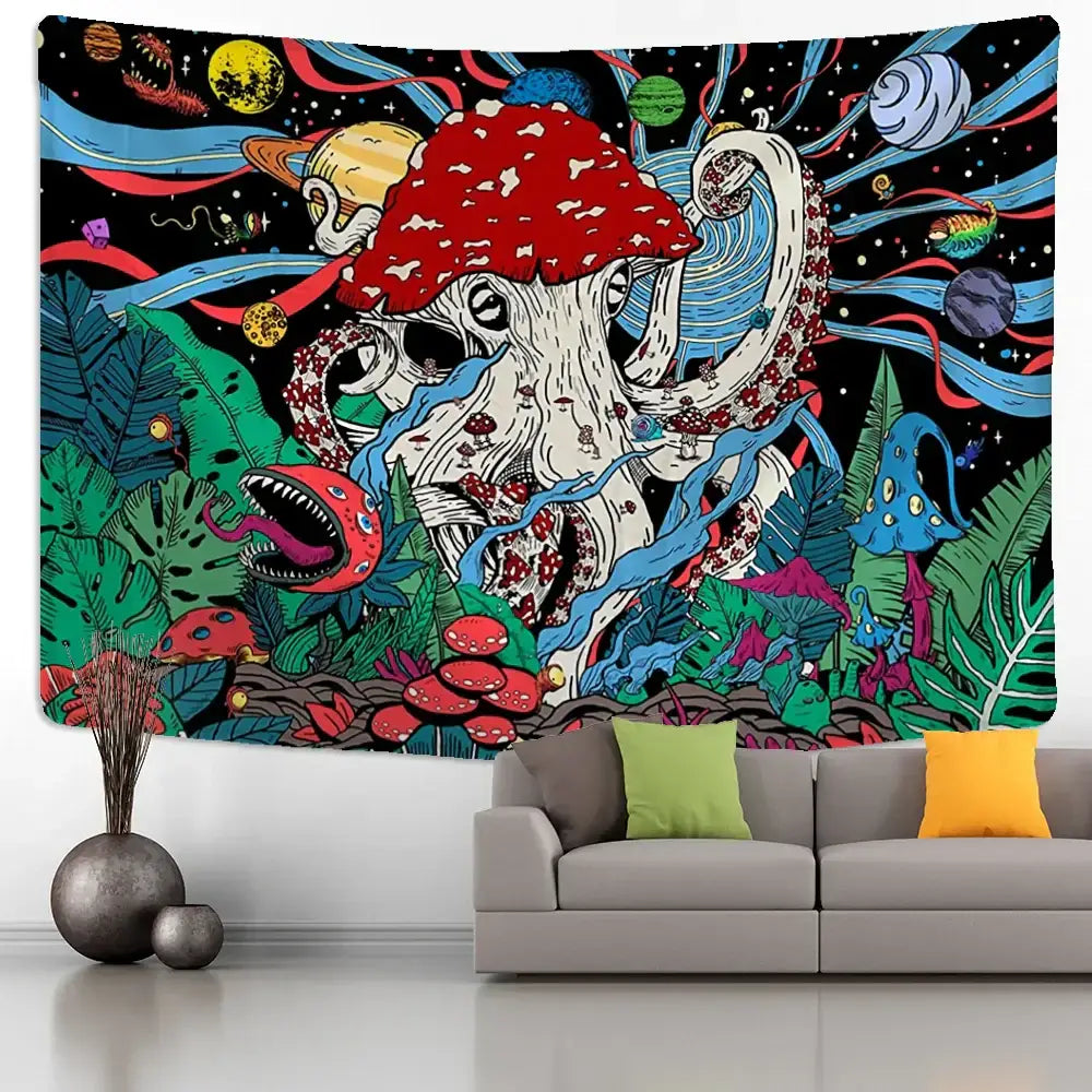 Vibrant abstract mushroom tapestry wall hanging featuring a red-capped mushroom with octopus face and colorful planets decorbites abstract mushroom