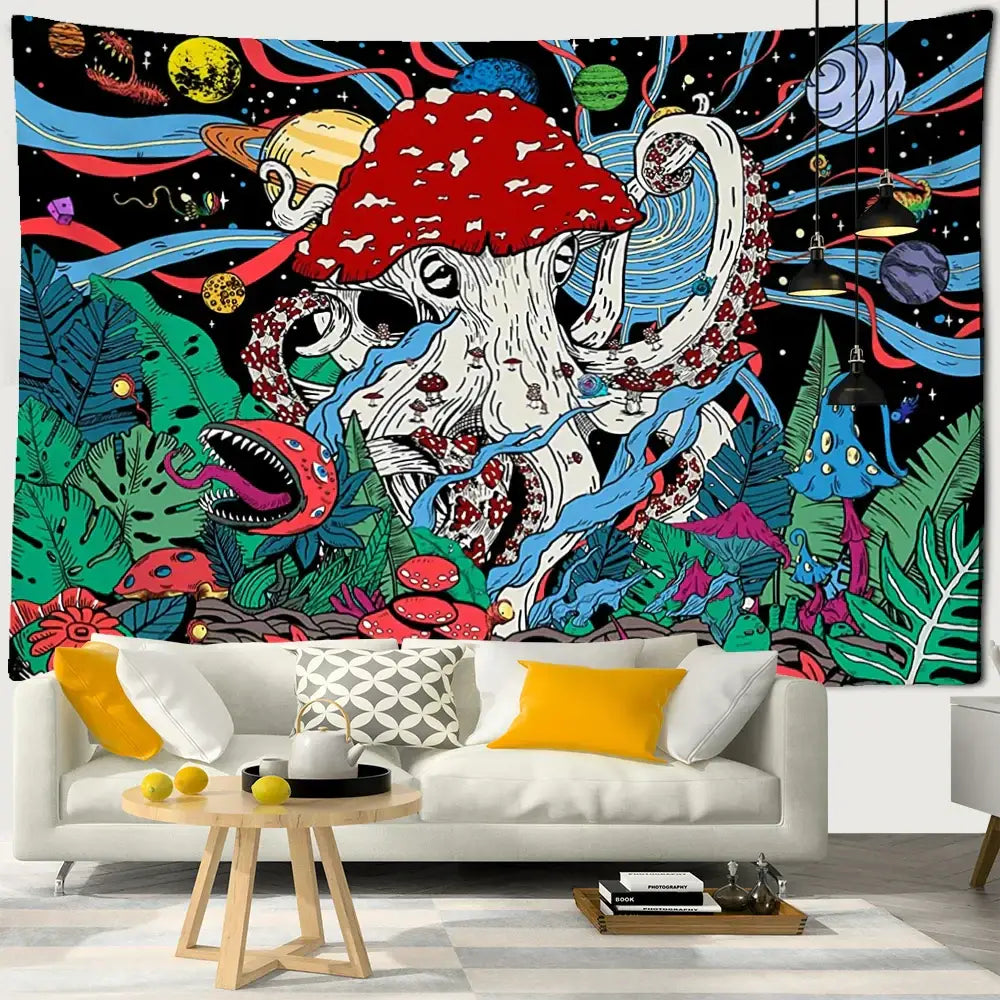 Psychedelic octopus abstract mushroom tapestry wall hanging featuring a giant red mushroom and colorful planets for bedroom decor