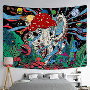 Vibrant psychedelic octopus abstract mushroom tapestry wall hanging with colorful mushrooms on black background for decorbites abstract mushroom decor