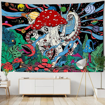 Psychedelic octopus abstract mushroom tapestry wall hanging decor featuring a red-spotted mushroom with planets on black background