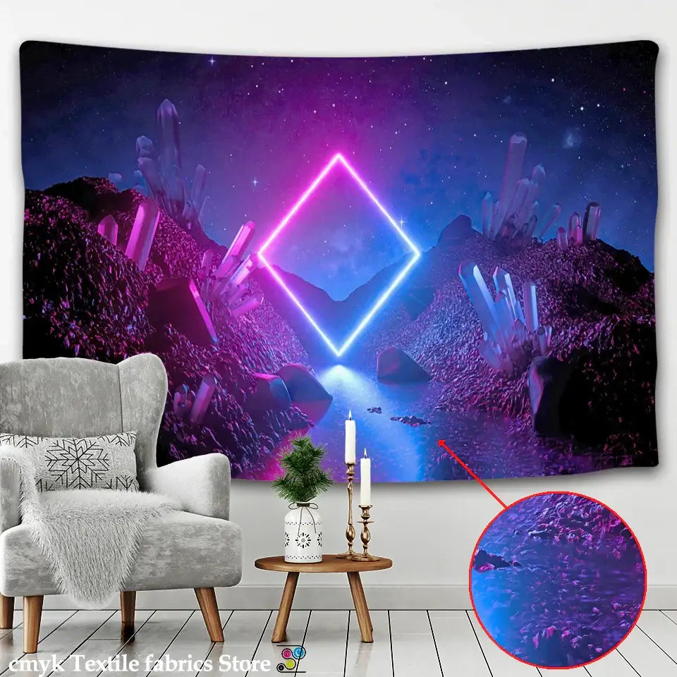 Psychedelic purple and blue galaxy tapestry bedroom wall hanging with vibrant neon geometric decorbites galaxy tapestry design