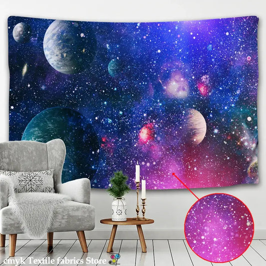 Psychedelic purple and blue galaxy tapestry wall hanging featuring vibrant swirling nebulae and detailed planets by decorbites galaxy tapestry
