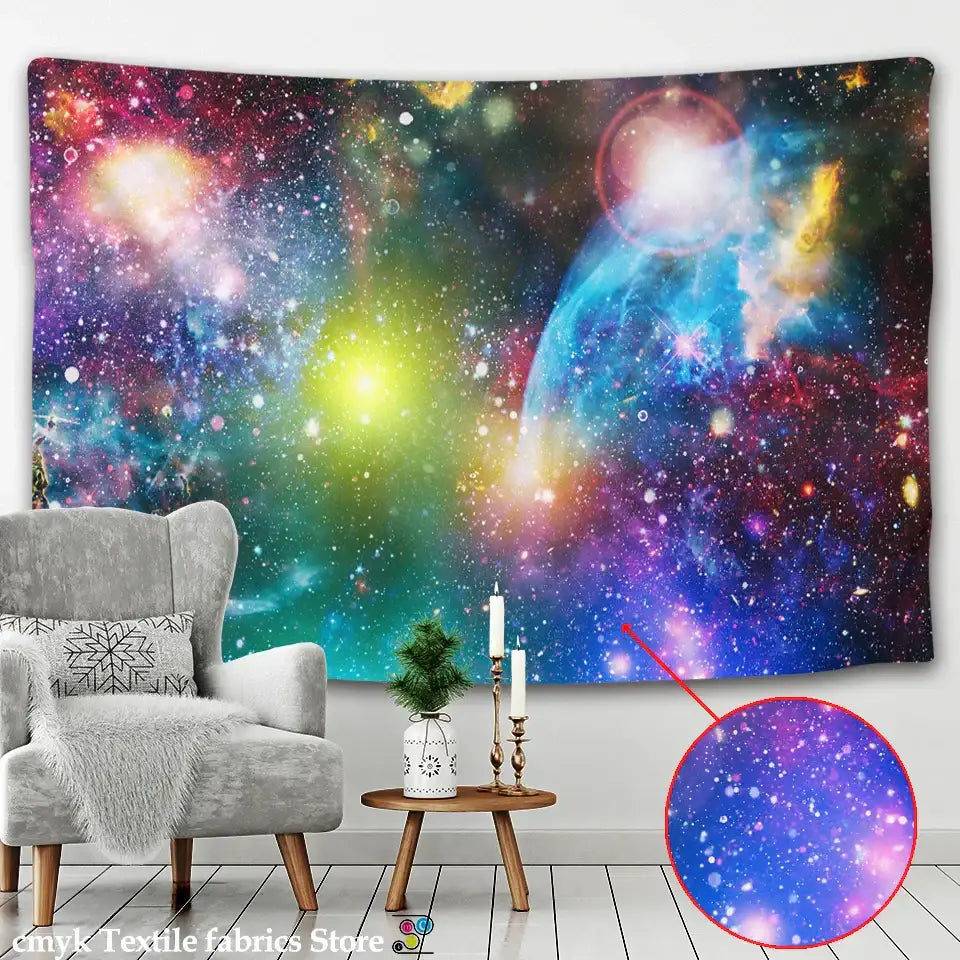 Psychedelic purple and blue decorbites galaxy tapestry featuring swirling nebulae and stars for bedroom wall hanging decor