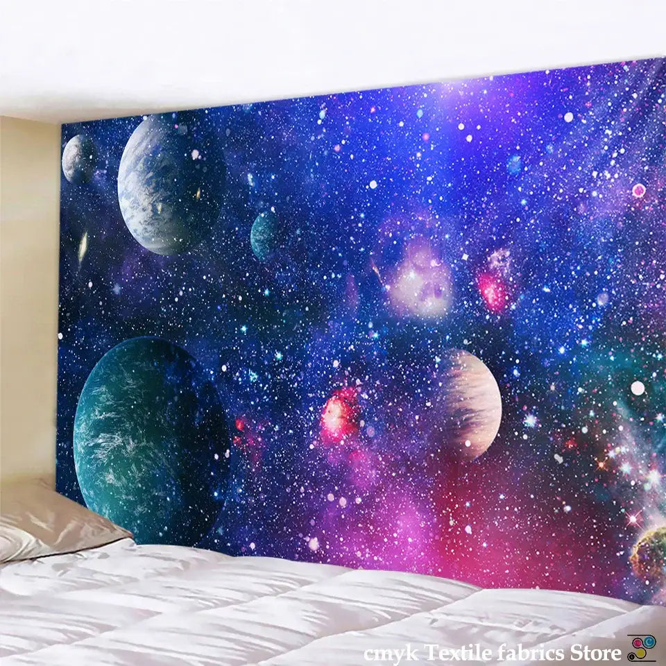 Vibrant decorbites galaxy tapestry wall hanging featuring planets stars and nebulae in purple and blue hues