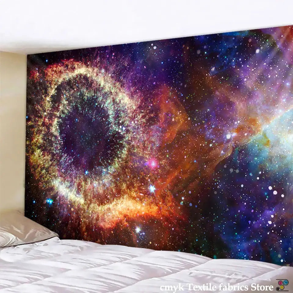 Psychedelic purple and blue galaxy tapestry featuring vibrant cosmic nebula hues for decorbites galaxy tapestry wall hanging