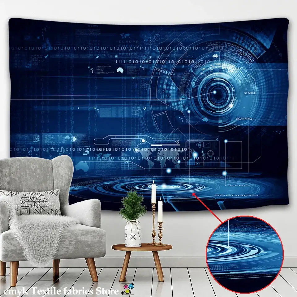 Blue digital interface decorbites galaxy tapestry with glowing circuitry and binary code patterns for bedroom wall hanging