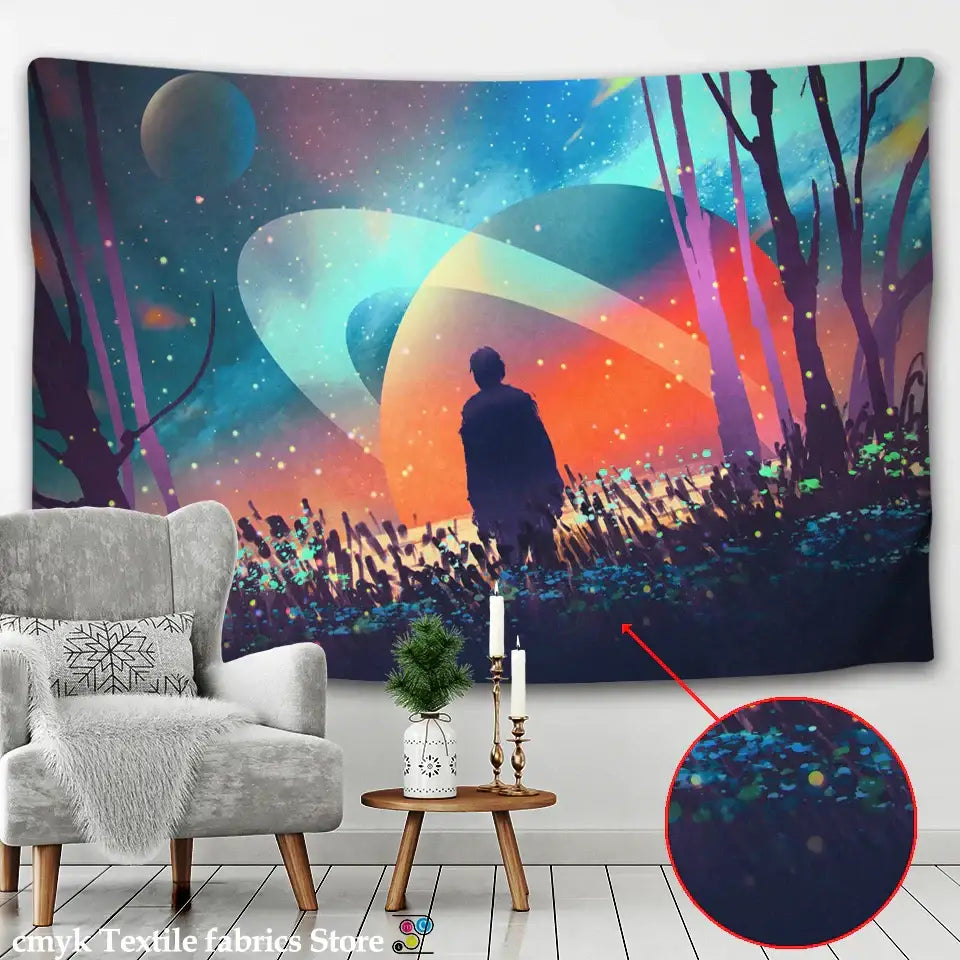 Psychedelic purple and blue galaxy tapestry featuring silhouetted trees and glowing planets for decorbites galaxy decor