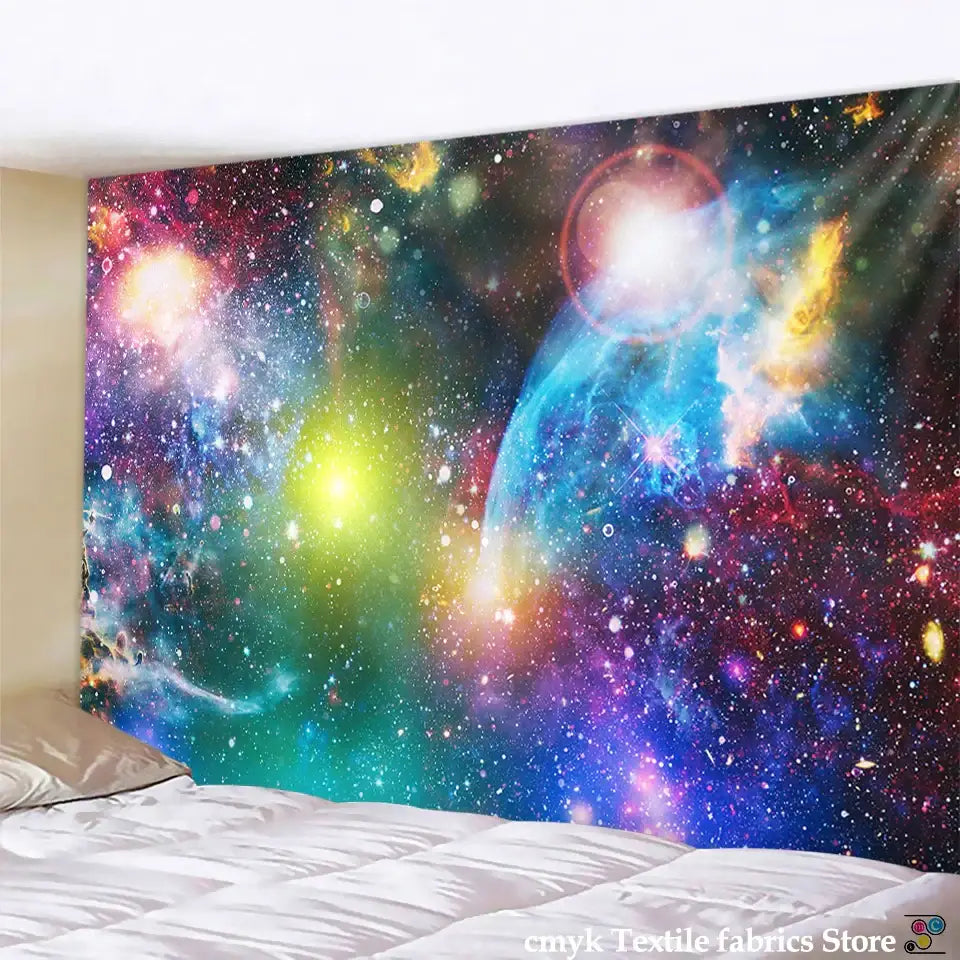 Psychedelic purple and blue galaxy tapestry featuring vibrant swirling nebulae for bedroom wall decorbites galaxy tapestry