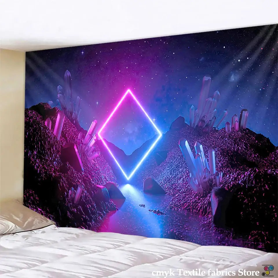 Psychedelic purple and blue galaxy tapestry wall hanging with neon pink and blue geometric diamond crystal decorbites galaxy tapestry