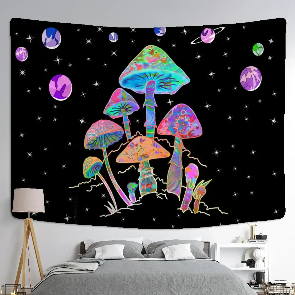 Psychedelic rainbow cartoon planet mushroom tapestry featuring glowing rainbow mushrooms and planets on black background