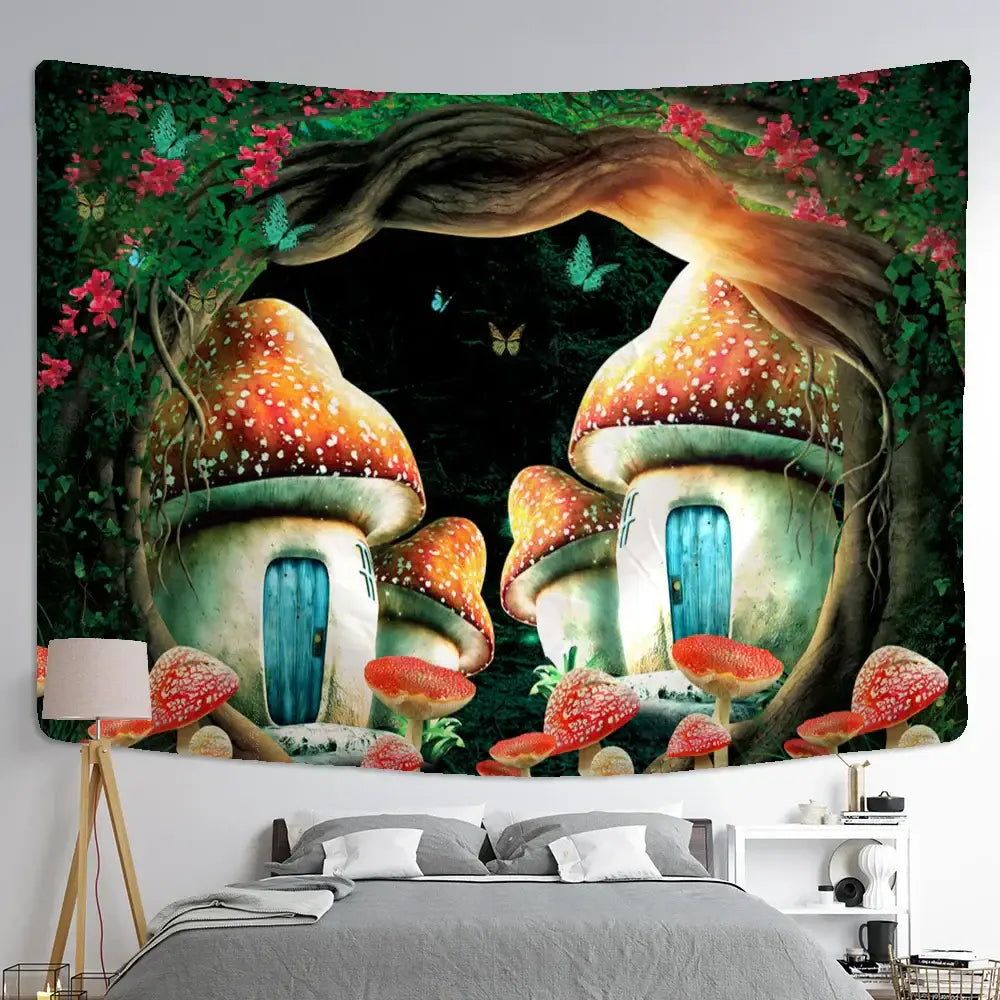 Psychedelic rainbow cartoon planet mushroom tapestry with vibrant red and orange caps under a flowering tree branch