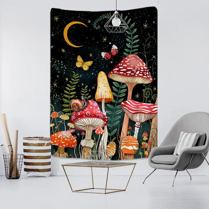 A whimsical black tapestry with vibrant red and orange cartoon planet mushrooms butterflies moon and stars for bedroom wall art