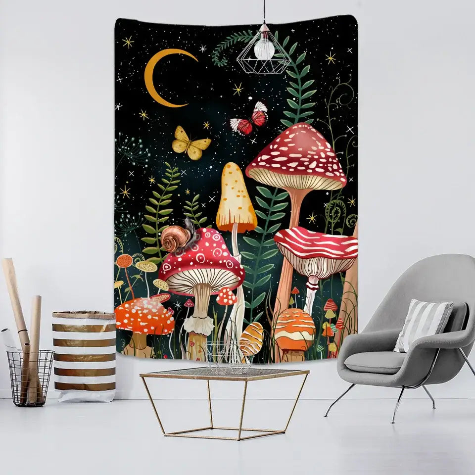 A whimsical black tapestry with vibrant red and orange cartoon planet mushrooms butterflies moon and stars for bedroom wall art