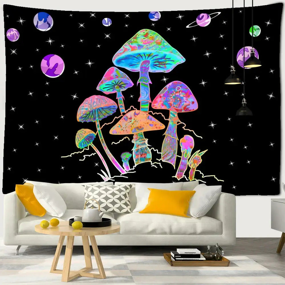 Psychedelic rainbow cartoon planet mushroom tapestry featuring glowing rainbow mushrooms and planets on black background wall art