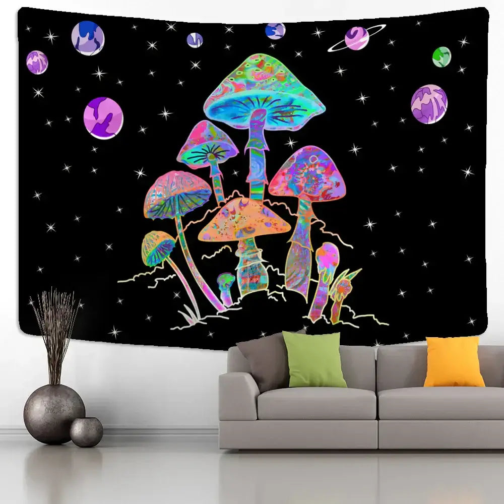 Vibrant psychedelic rainbow cartoon planet mushroom tapestry with iridescent patterns on black starry bedroom wall art