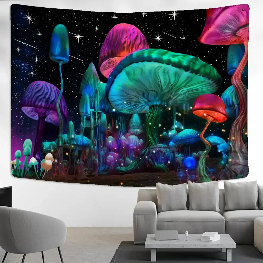 Vibrant psychedelic cartoon planet mushroom tapestry with glowing neon pink green blue and purple on starry cosmic background