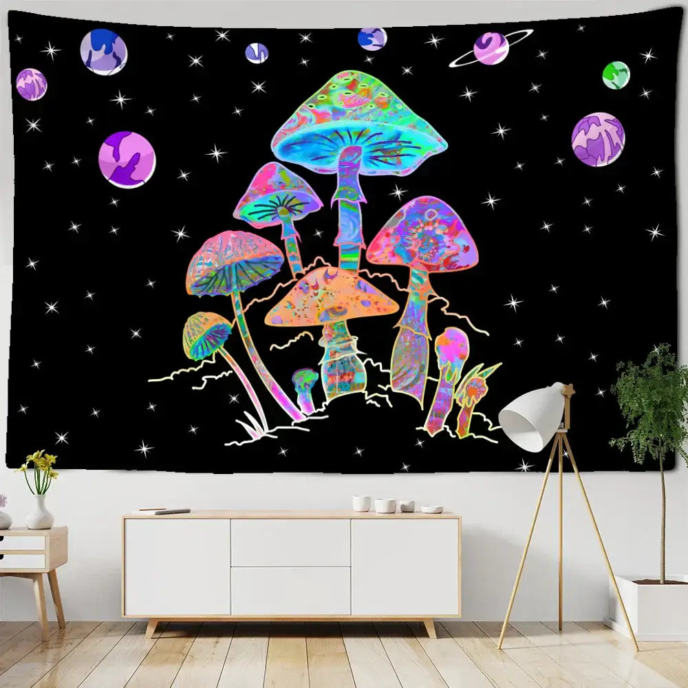 Psychedelic rainbow cartoon planet mushroom tapestry with glowing rainbow mushrooms and floating planets for bedroom wall art