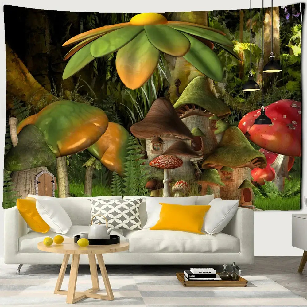 A vibrant cartoon planet mushroom tapestry with oversized green and red mushrooms and fairy houses for bedroom wall art