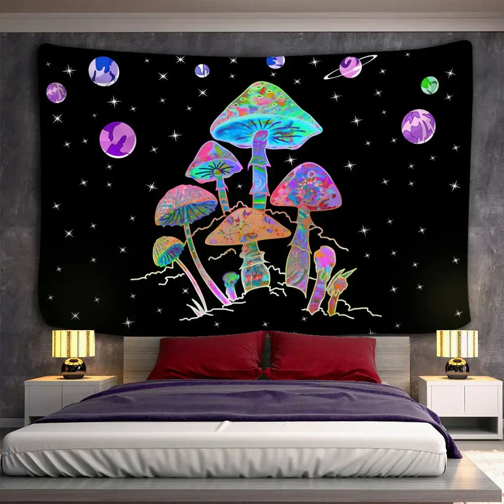 Vibrant psychedelic rainbow cartoon planet mushroom tapestry with iridescent hues and cosmic elements for bedroom wall art